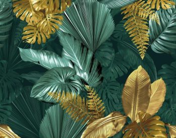 Zasłona VELVET szer 150cm motyw złote i zielone liście 3D-metraż